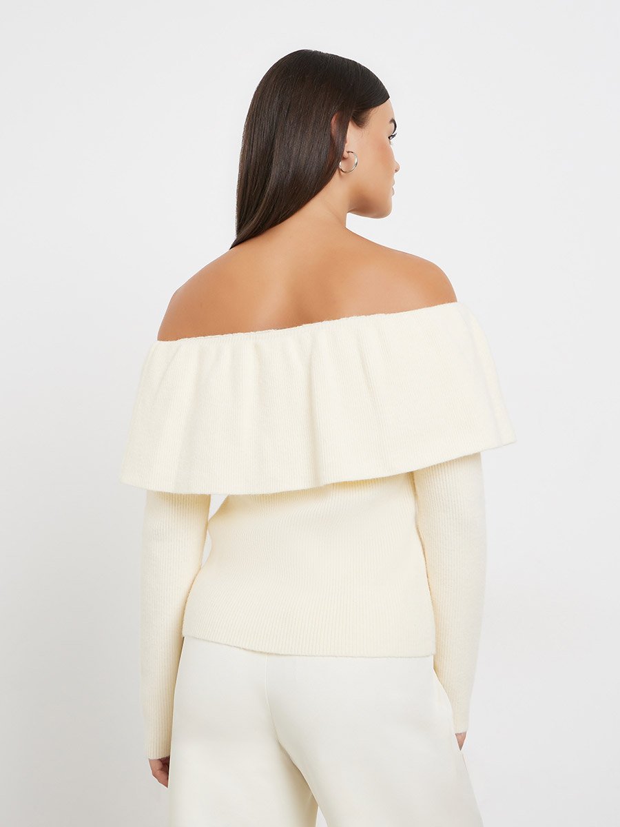 Women Off White Ribbed Off Shoulder Neck Top