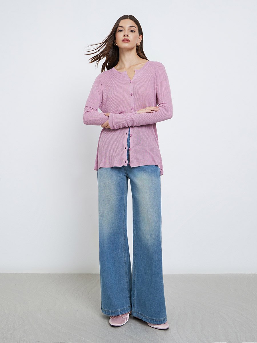 Button Down Long Sleeve Ribbed Top