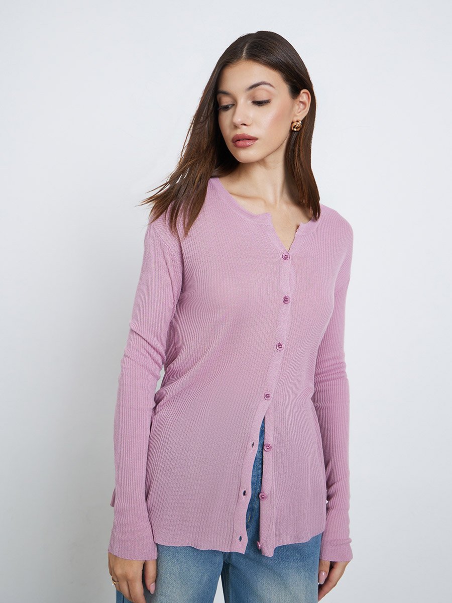 Button Down Long Sleeve Ribbed Top