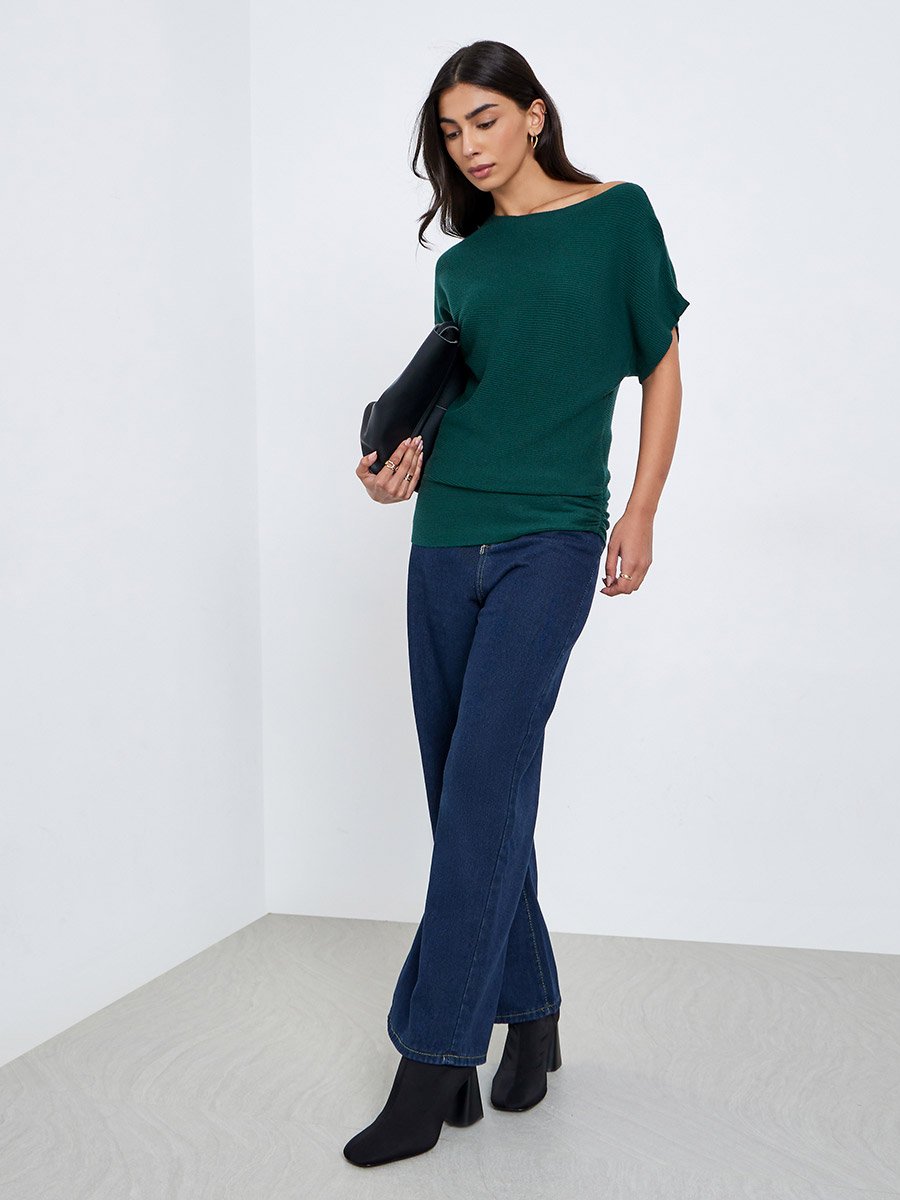 Dark Green Ribbed Knit Batwing Sleeve Top