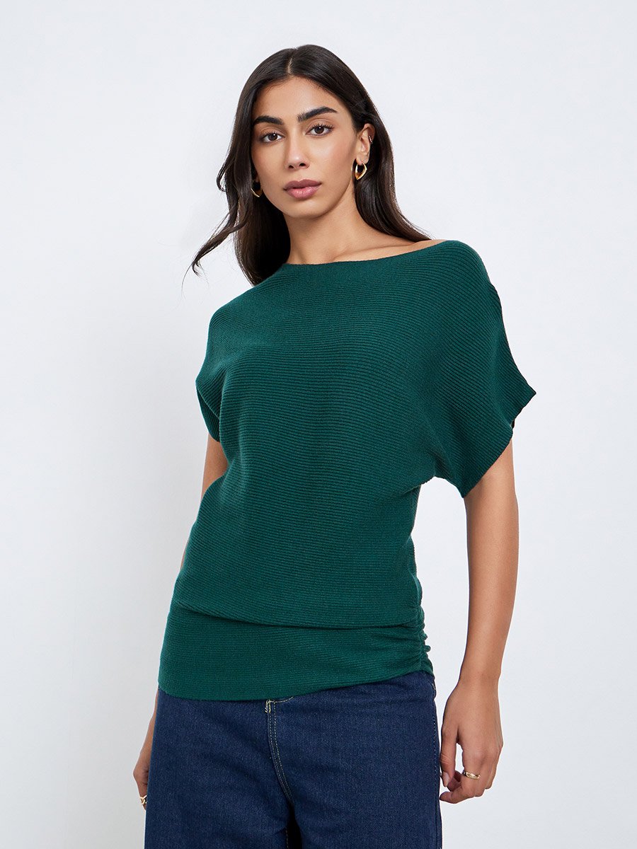 Dark Green Ribbed Knit Batwing Sleeve Top