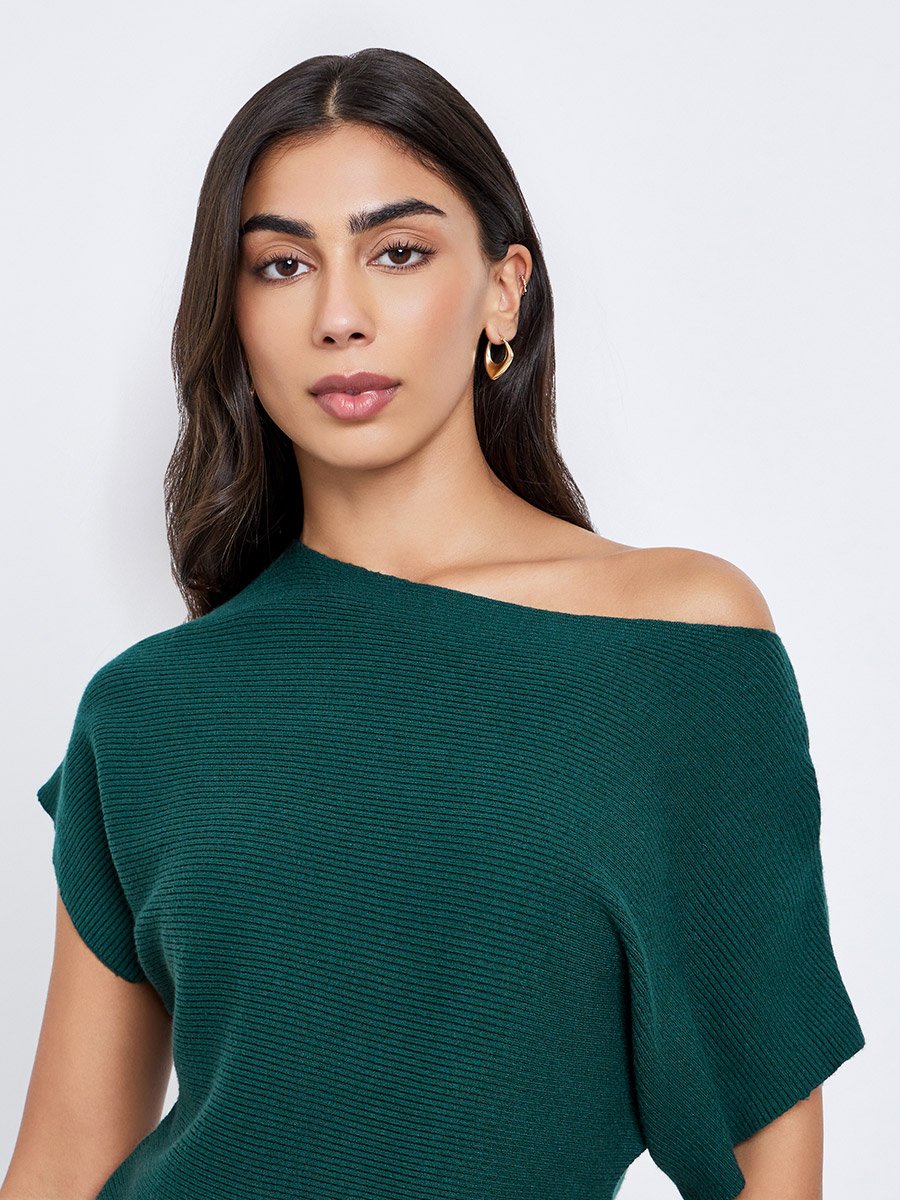 Dark Green Ribbed Knit Batwing Sleeve Top