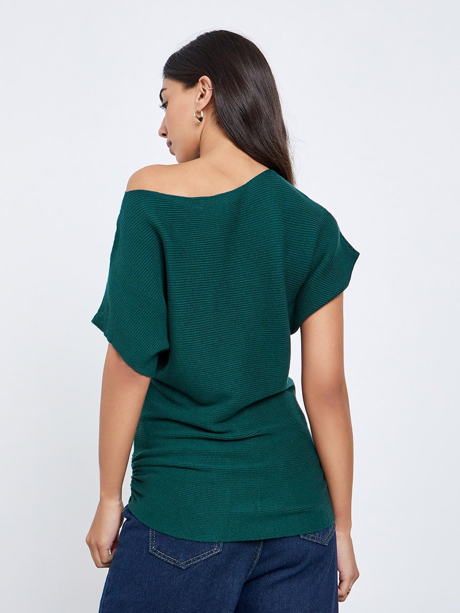 Dark Green Ribbed Knit Batwing Sleeve Top