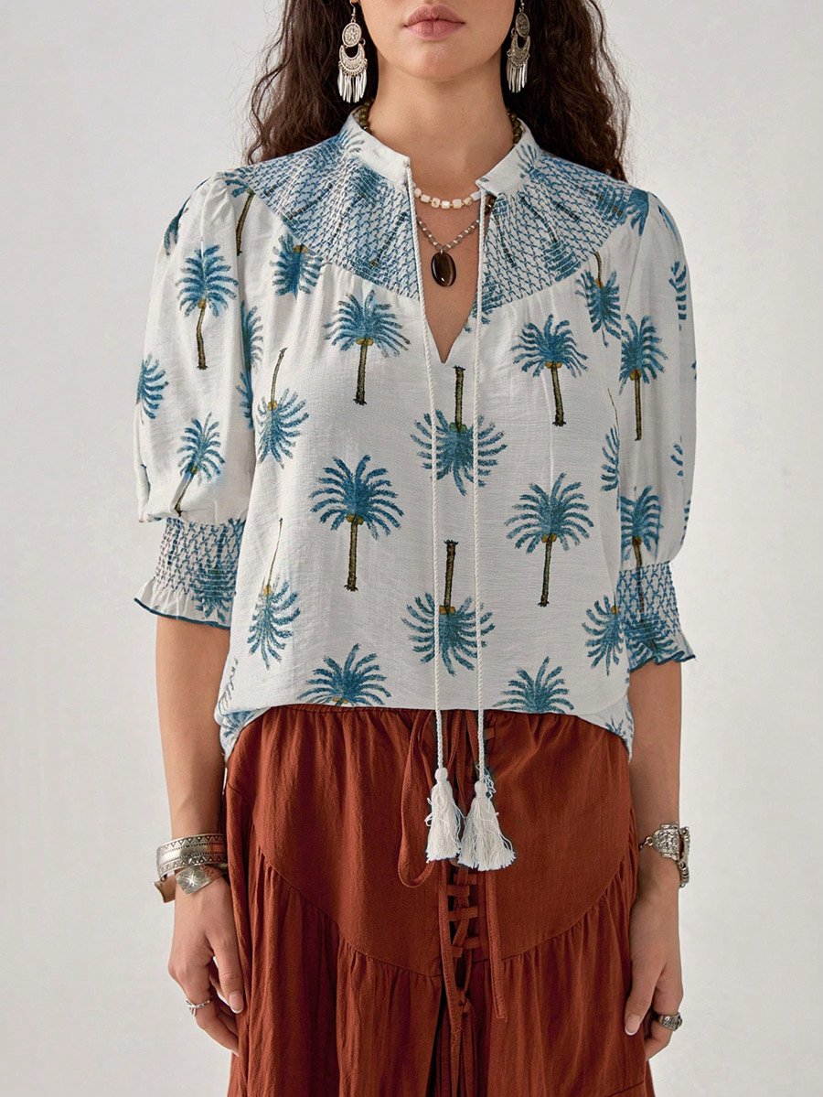 Graphic Print Tie-Up Neck Top