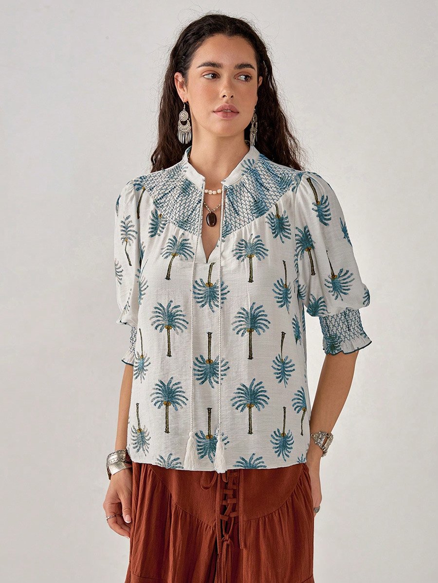 Graphic Print Tie-Up Neck Top