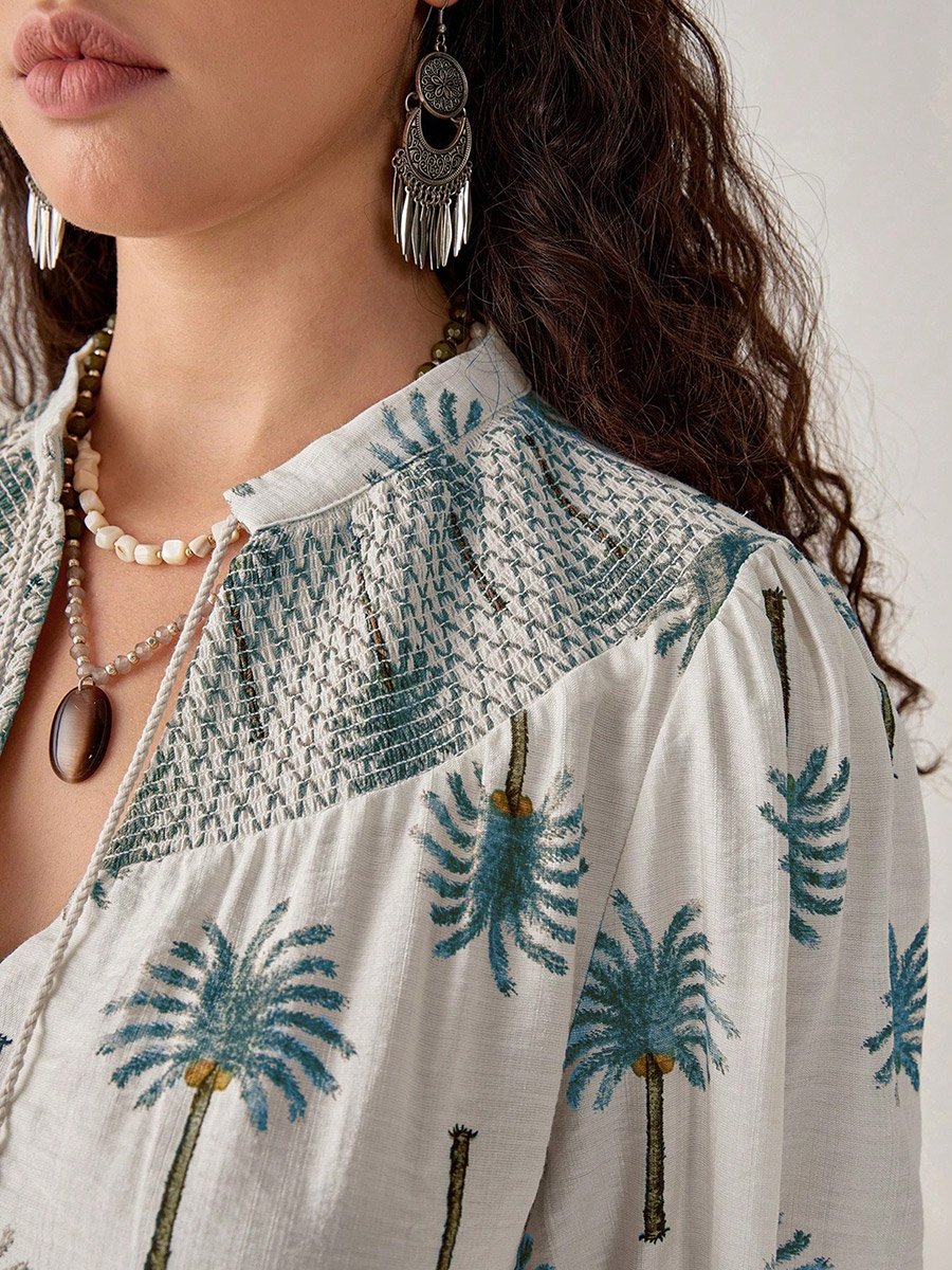 Graphic Print Tie-Up Neck Top