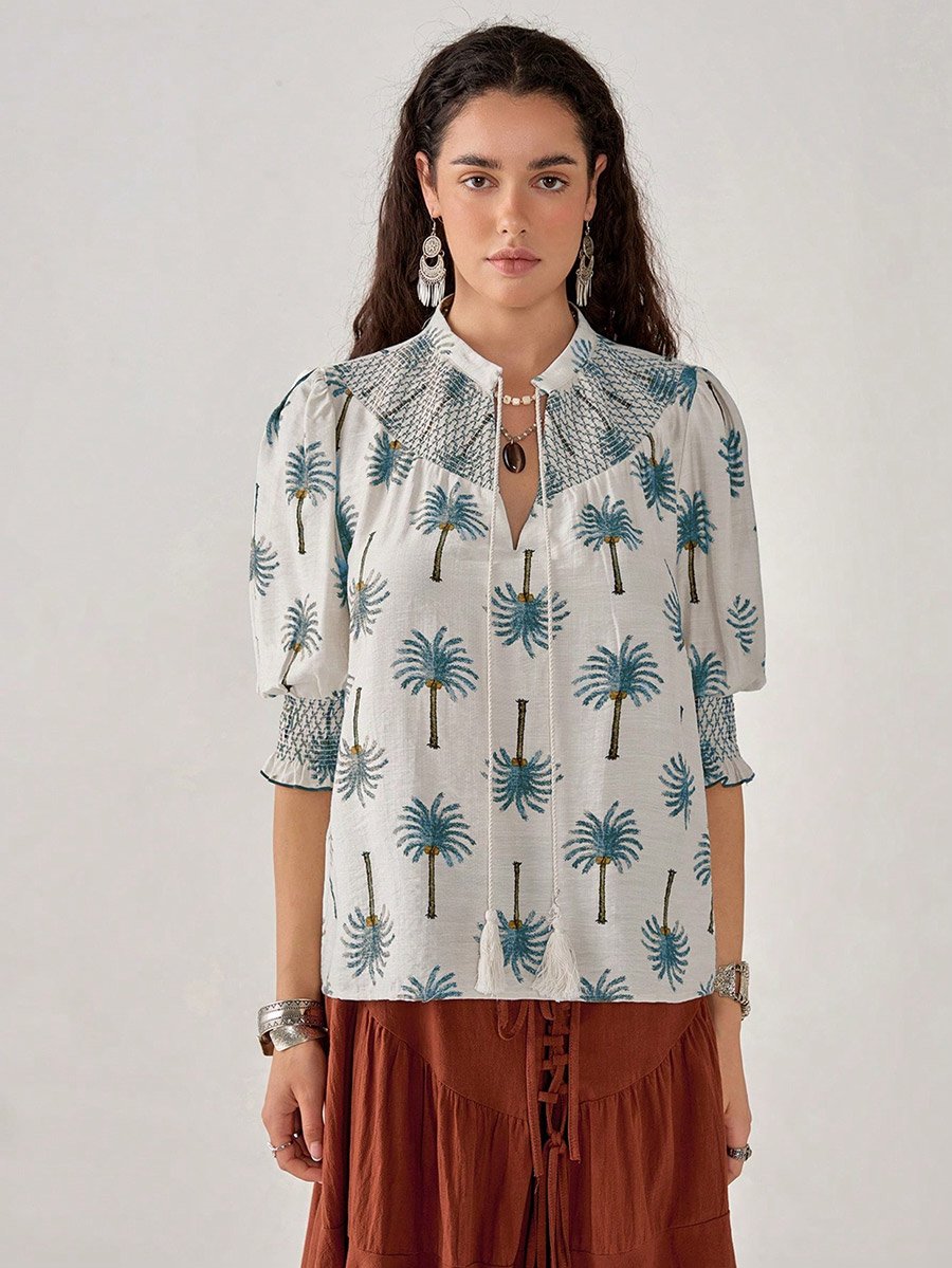 Graphic Print Tie-Up Neck Top