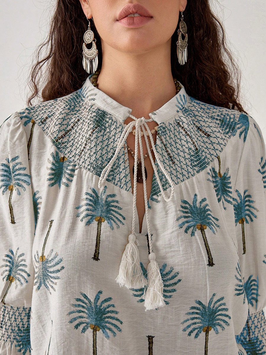 Graphic Print Tie-Up Neck Top