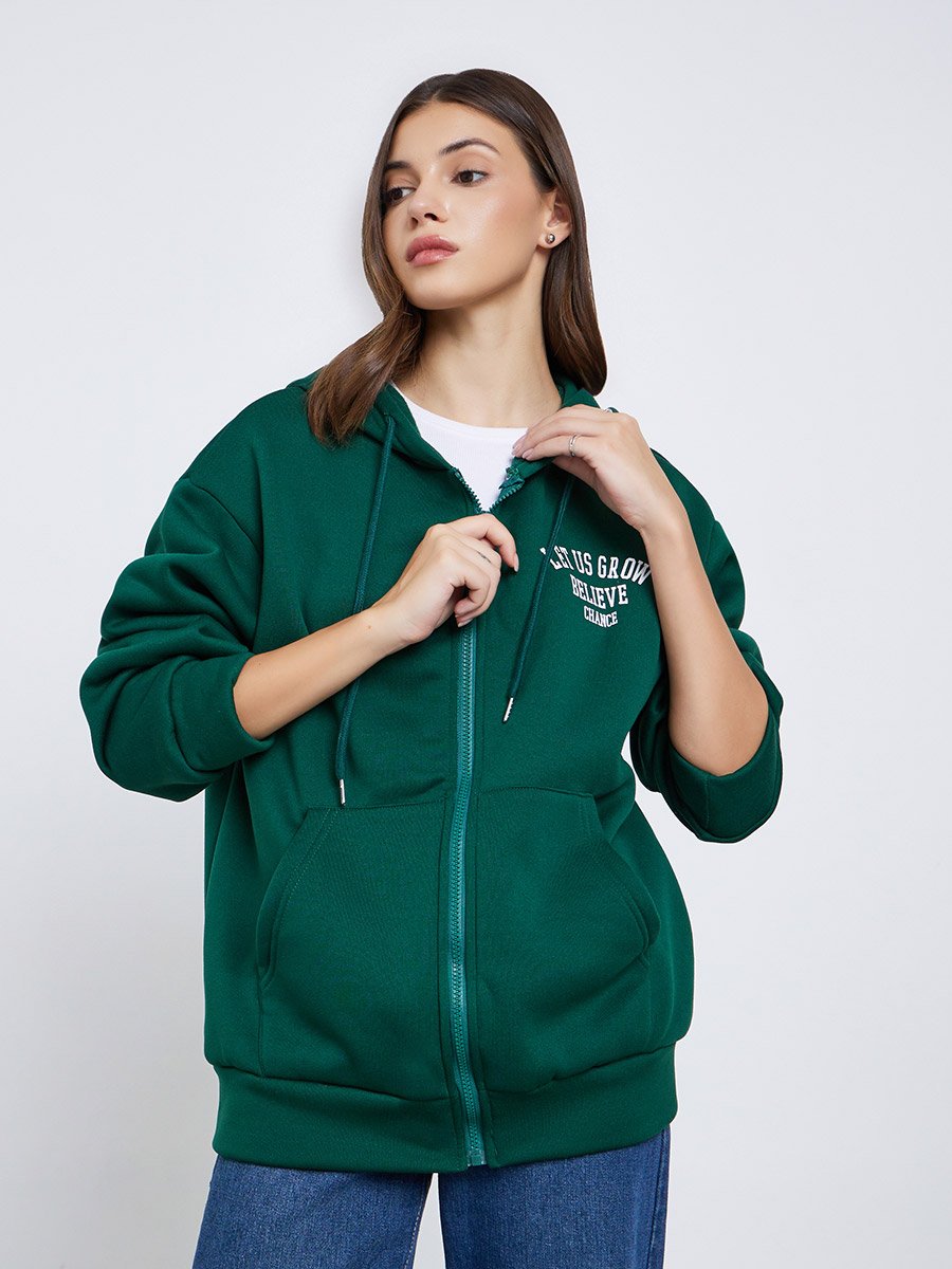 Women Green Slogan Print Hoodie