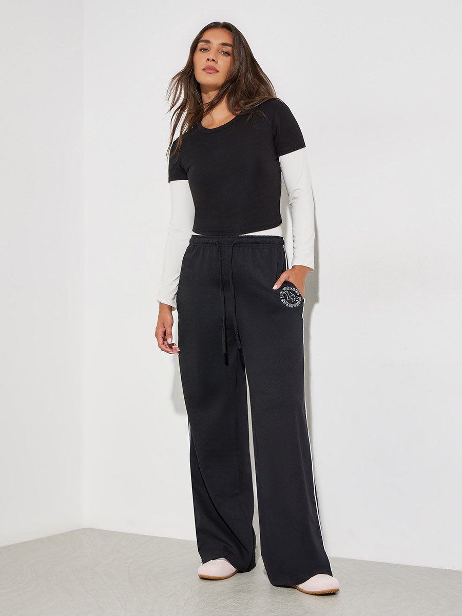 Black Wide Leg Joggers with Piping Detail