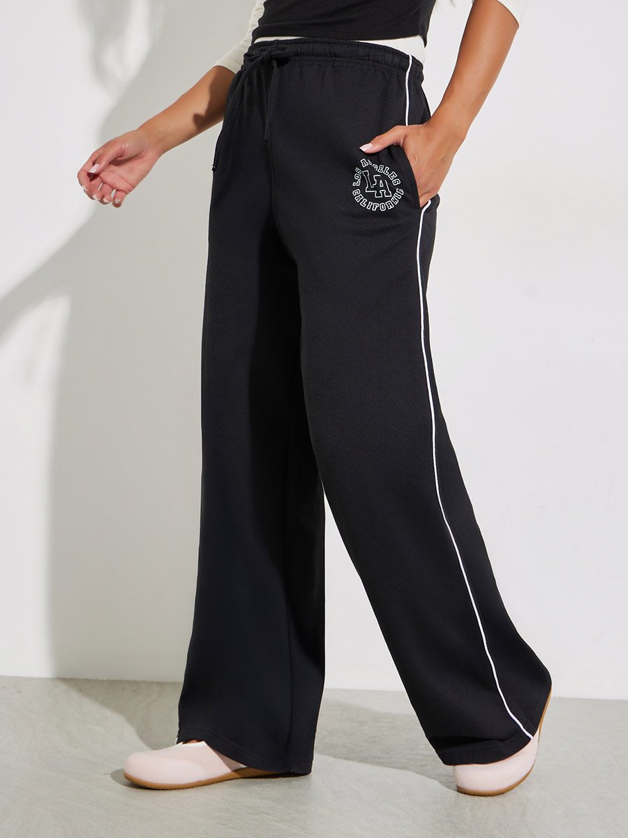 Black Wide Leg Joggers with Piping Detail