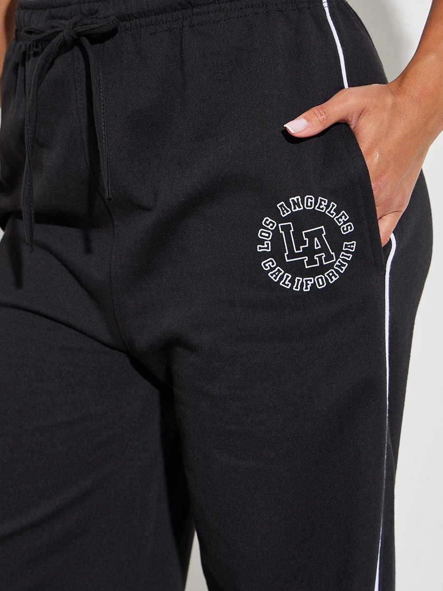 Black Wide Leg Joggers with Piping Detail