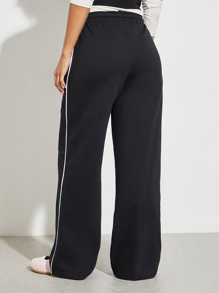 Black Wide Leg Joggers with Piping Detail