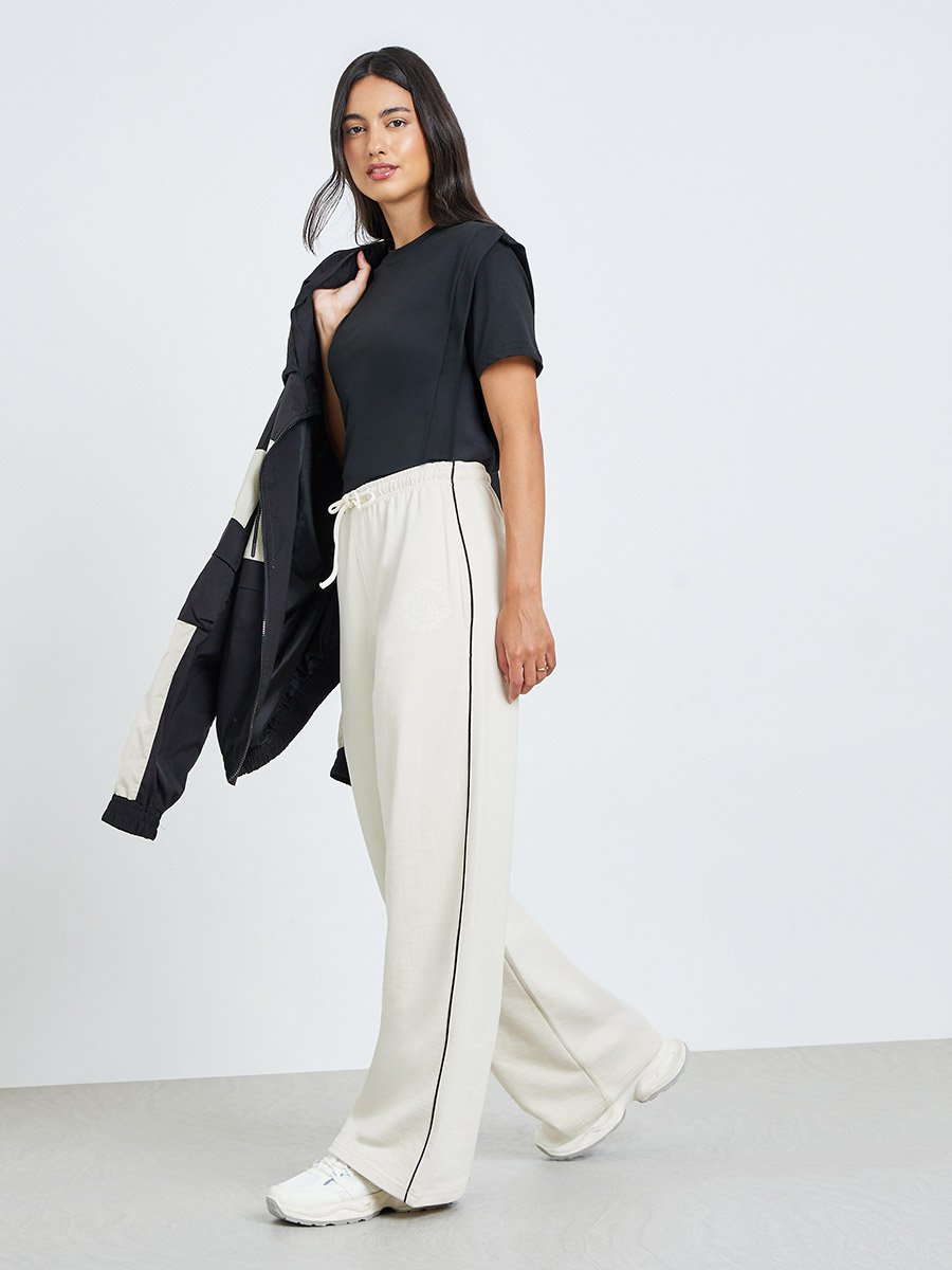 Cream Wide Leg Joggers with Piping Detail