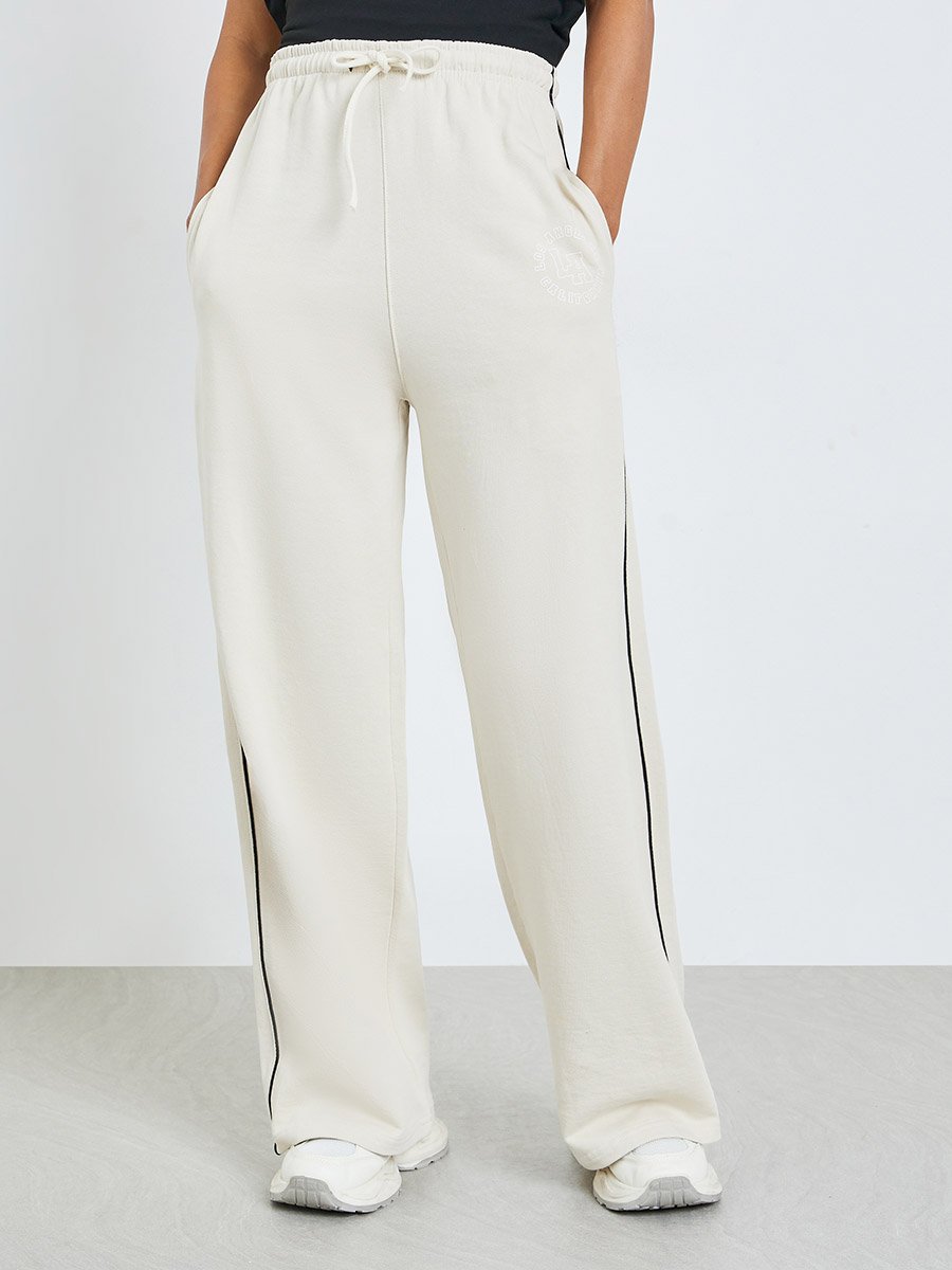 Cream Wide Leg Joggers with Piping Detail