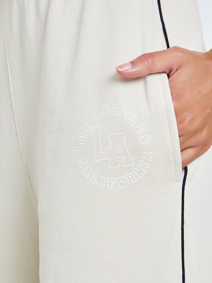 Cream Wide Leg Joggers with Piping Detail