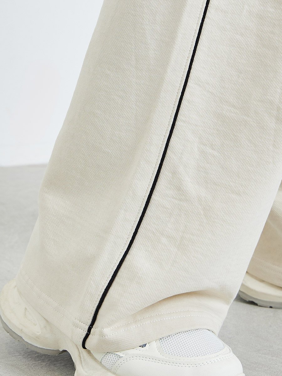 Cream Wide Leg Joggers with Piping Detail