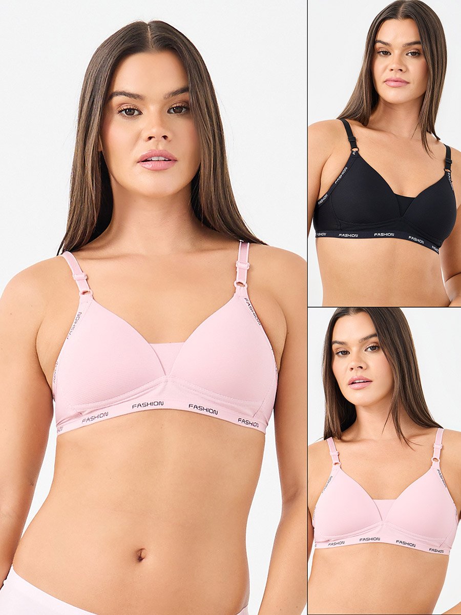 Pack of 2 - Rib Padded Non Wired Bra with Text On The Straps