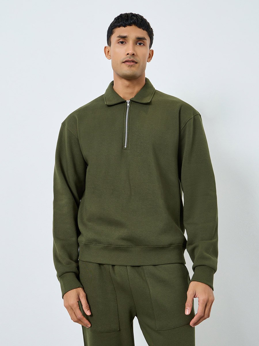 Men Olive Green Zip Sweatshirt and Joggers Co-Ords