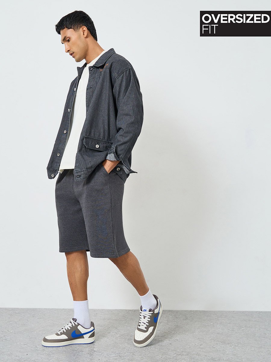 Men Charcoal Oversized Shirt and Shorts Co-Ords