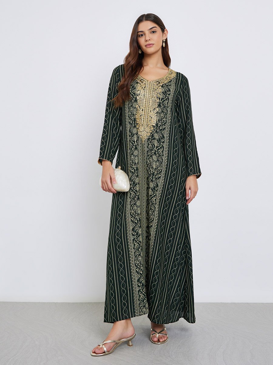Gold Thread Embroidery Jalabiya with All Over Print For Women at Bahrain | Styli Gold Thread Embroidery Jalabiya with All Over Print For Women at Bahrain | Styli