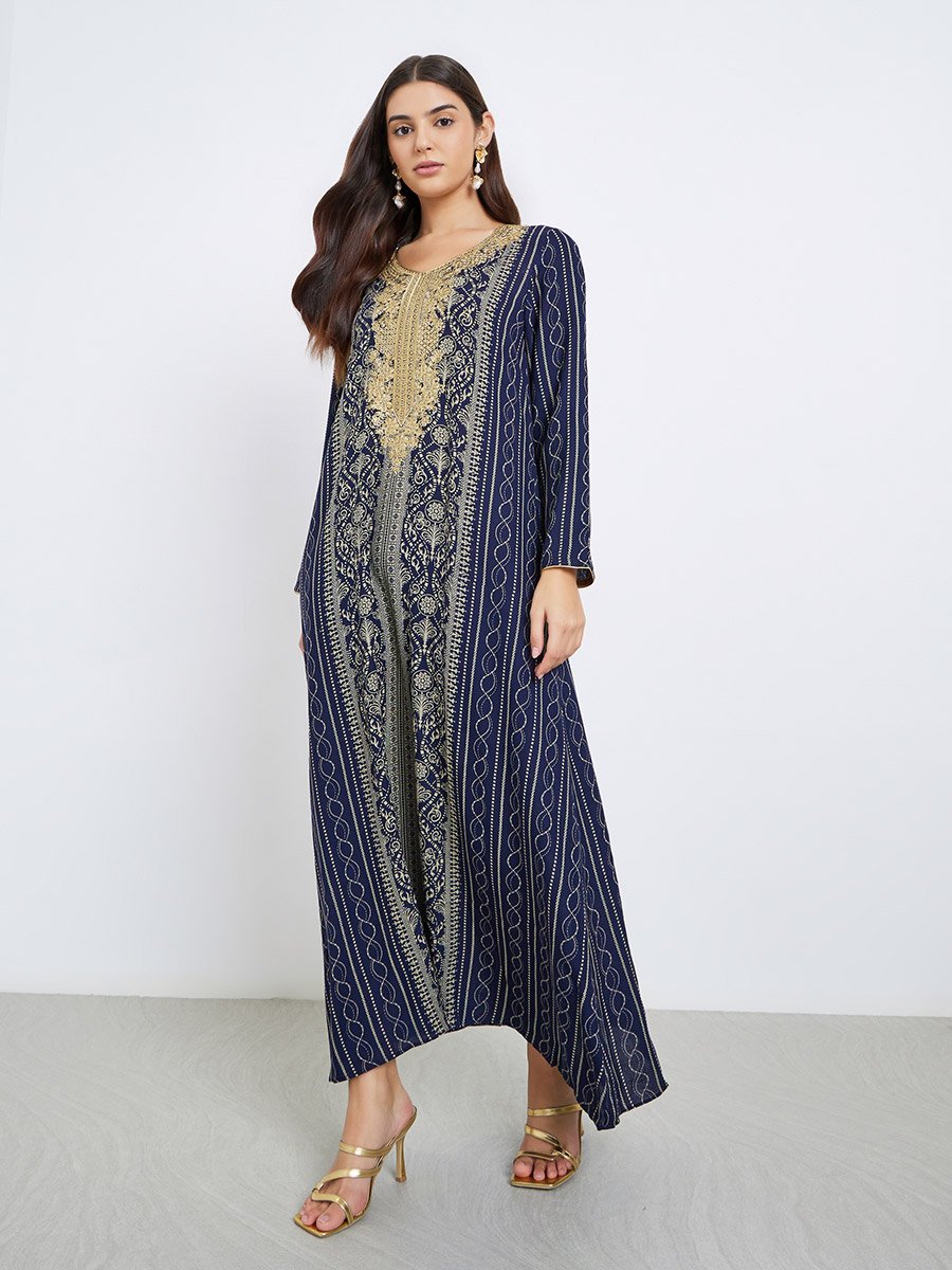 Gold Thread Embroidery Jalabiya with All Over Print For Women at Saudi |  Styli