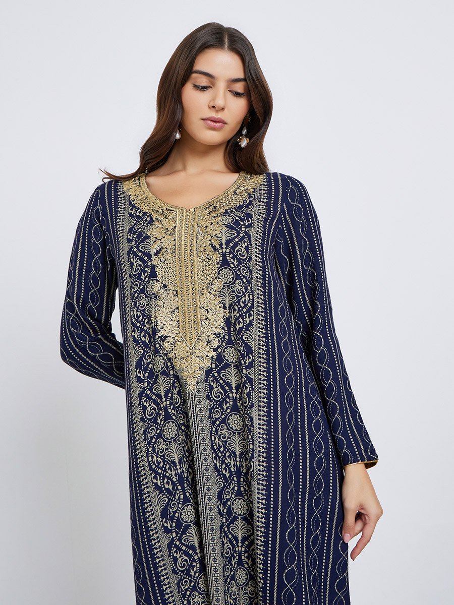 Gold Thread Embroidery Jalabiya with All Over Print For Women at Saudi | Styli Gold Thread Embroidery Jalabiya with All Over Print For Women at Saudi | Styli