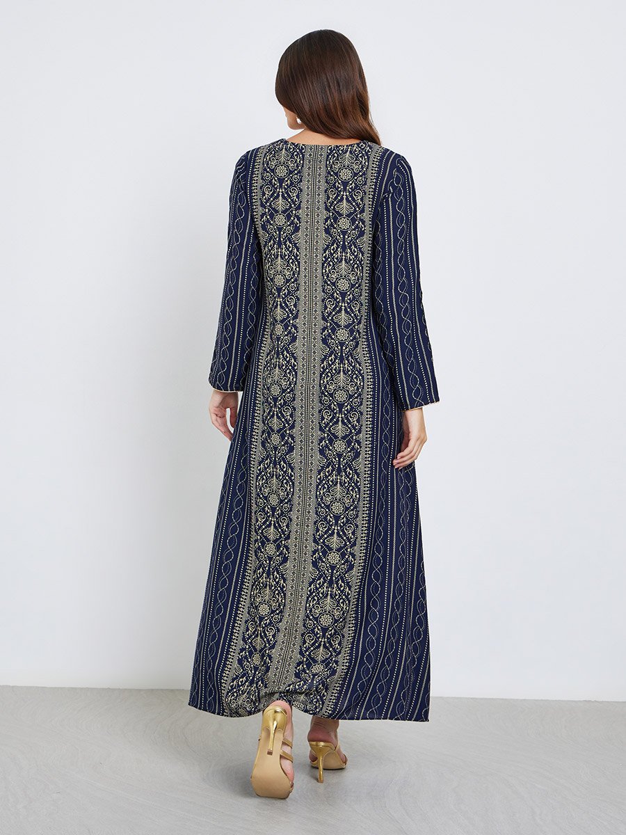 Gold Thread Embroidery Jalabiya with All Over Print For Women at Saudi |  Styli
