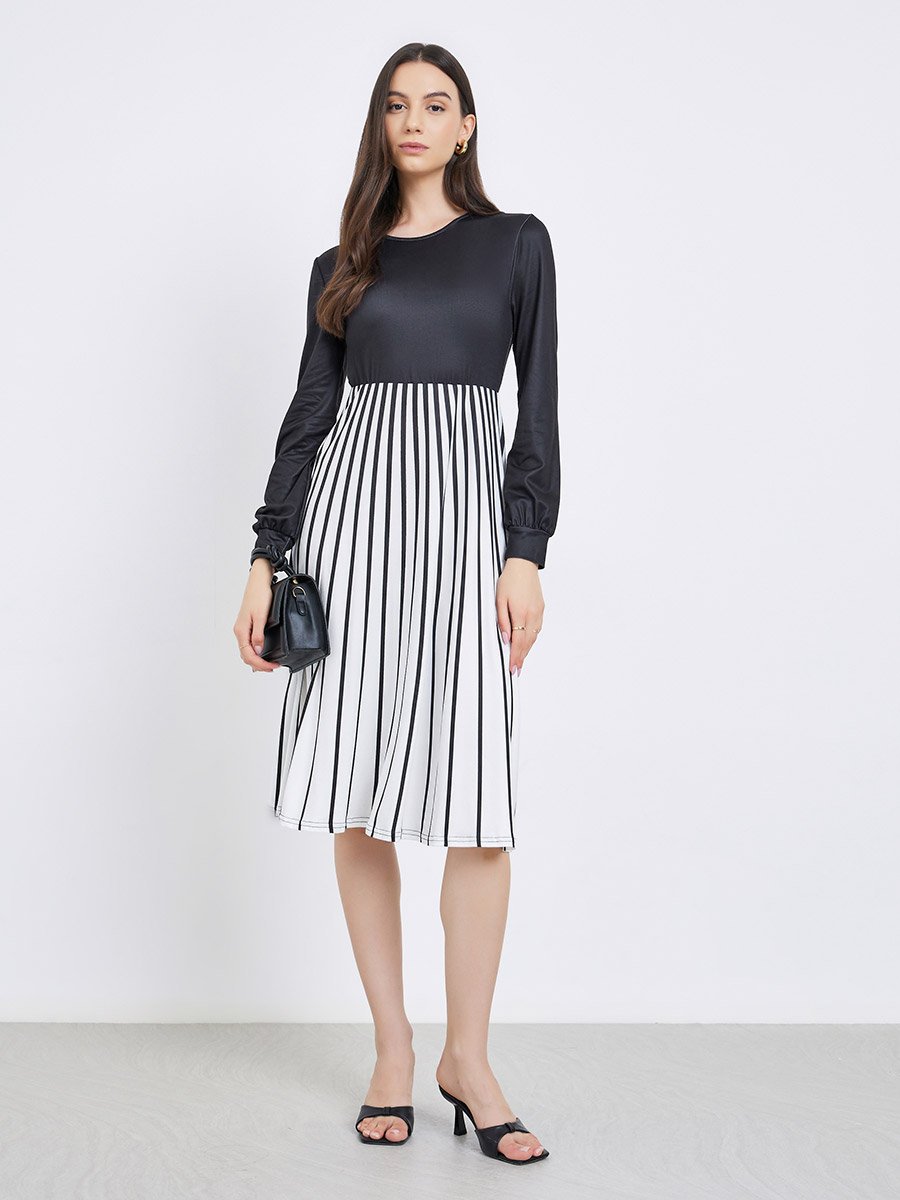 Contrast Long Sleeve Striped Midi Dress