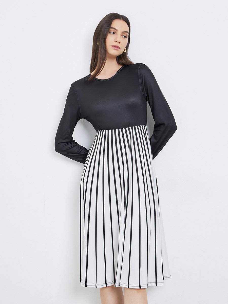 Contrast Long Sleeve Striped Midi Dress