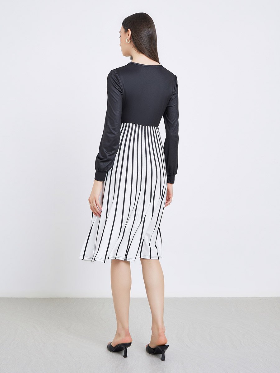 Contrast Long Sleeve Striped Midi Dress