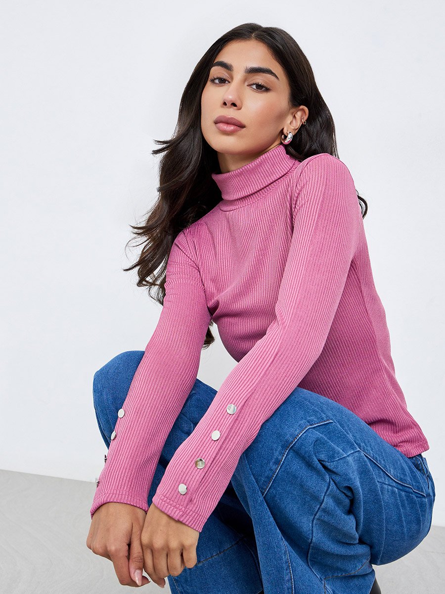 Pink Knit Turtleneck Top with Long Sleeves For Women at UAE | Styli