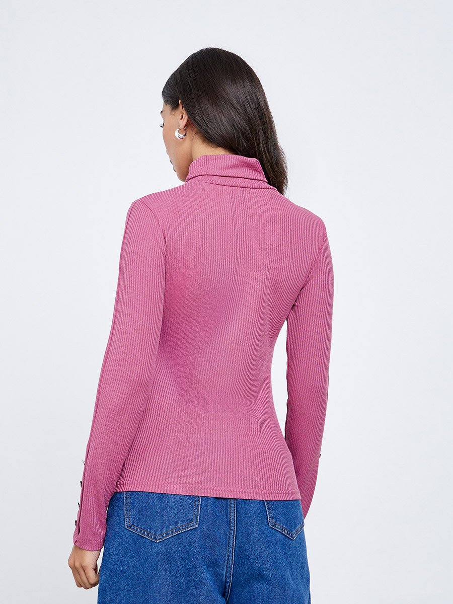 Pink Knit Turtleneck Top with Long Sleeves For Women at UAE | Styli
