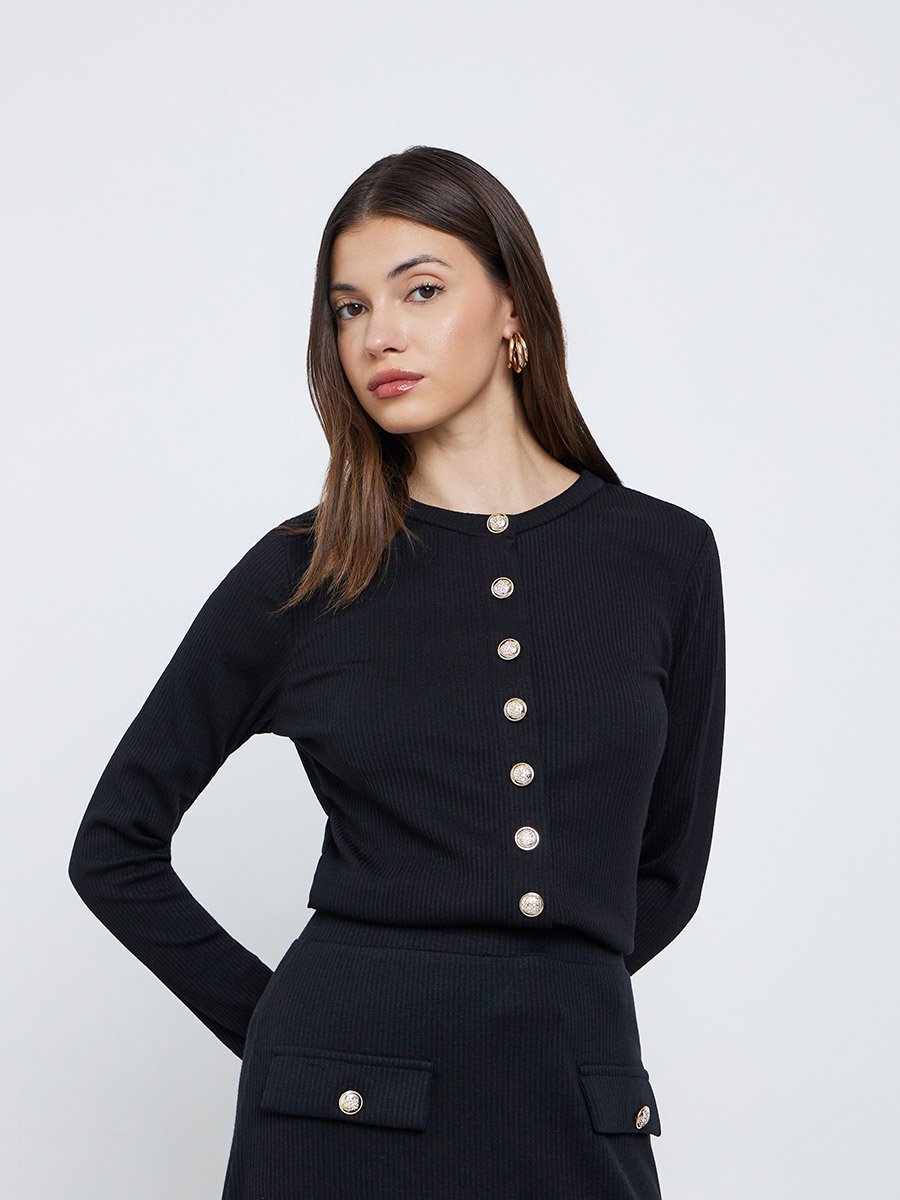 Black Ribbed Knit Buttoned Top