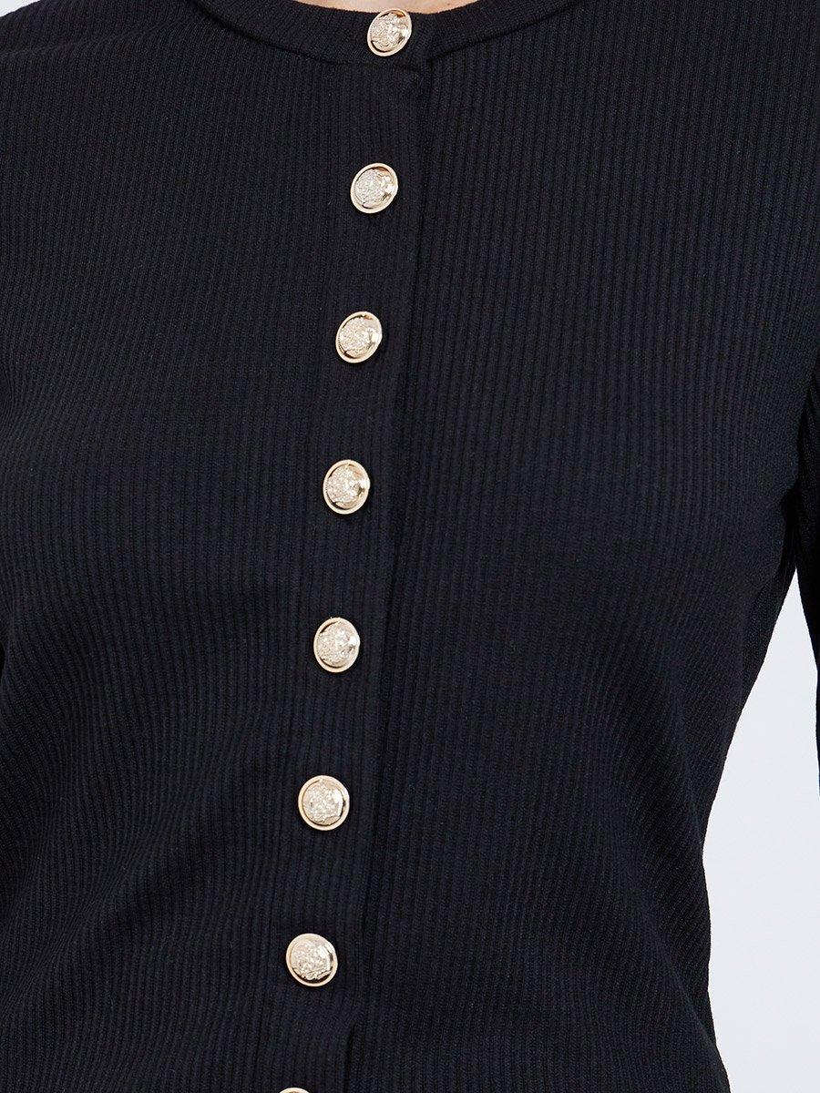 Black Ribbed Knit Buttoned Top