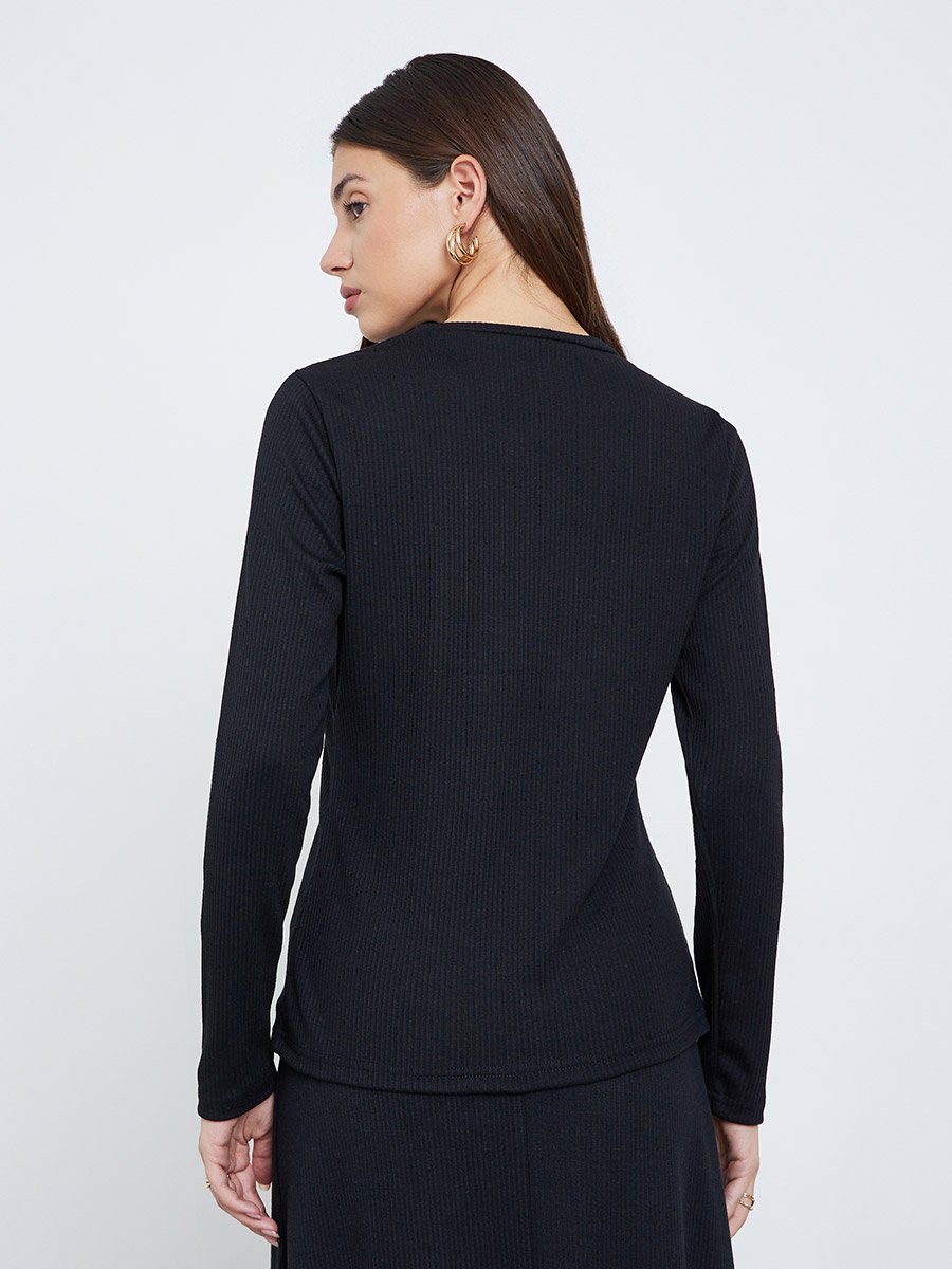 Black Ribbed Knit Buttoned Top