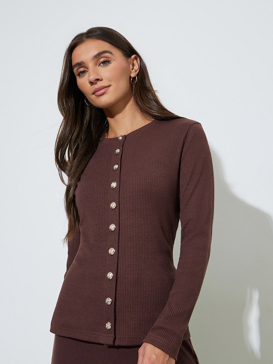 Brown Ribbed Knit Buttoned Top