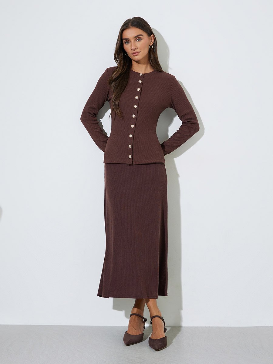Brown Ribbed Knit Buttoned Top
