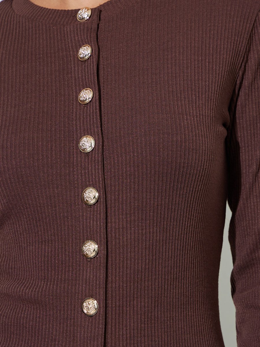 Brown Ribbed Knit Buttoned Top