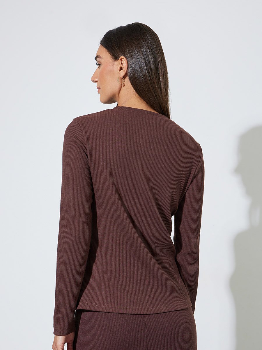 Brown Ribbed Knit Buttoned Top