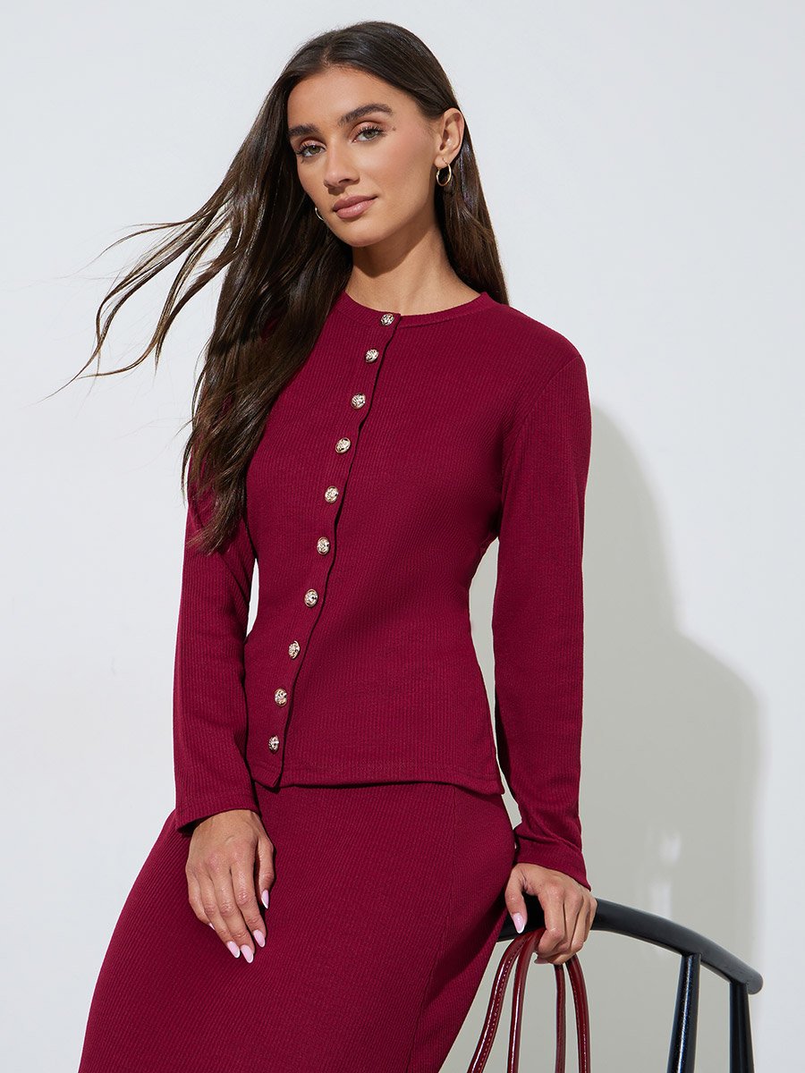 Burgundy Ribbed Knit Buttoned Top