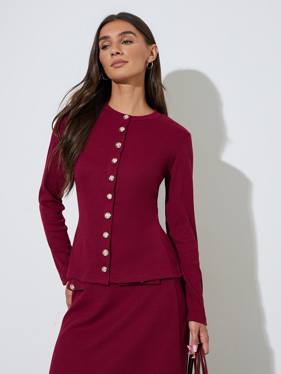 Burgundy Ribbed Knit Buttoned Top