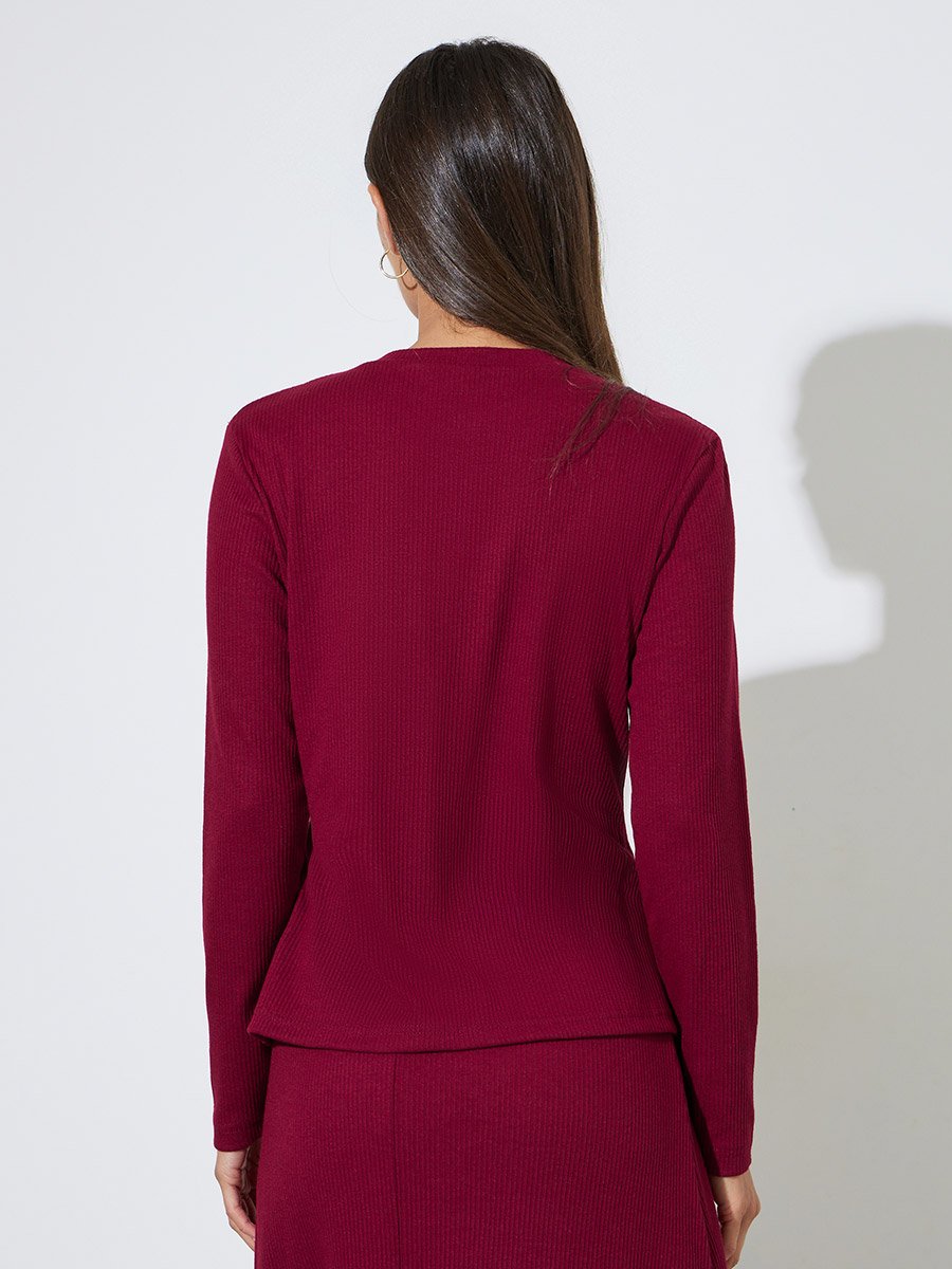 Burgundy Ribbed Knit Buttoned Top