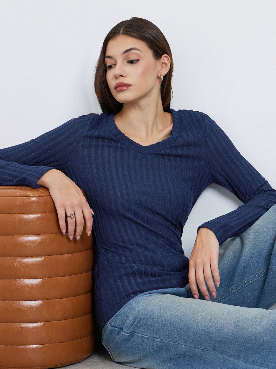 Navy Blue Ribbed Knit Top