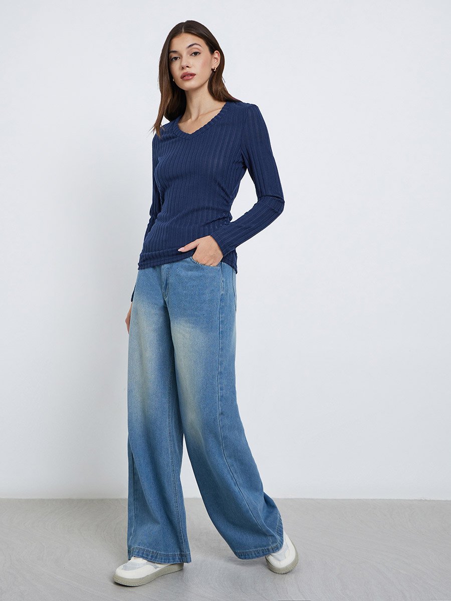 Navy Blue Ribbed Knit Top
