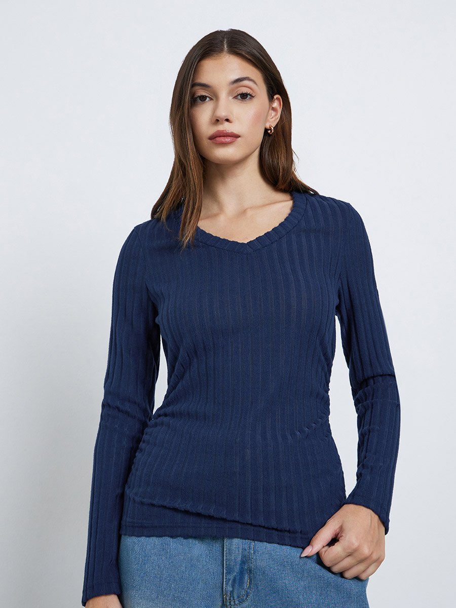 Navy Blue Ribbed Knit Top