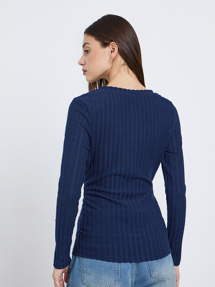 Navy Blue Ribbed Knit Top