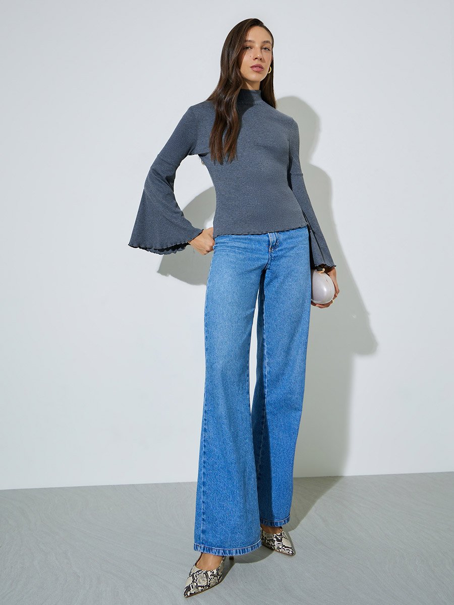 Grey Bell Sleeves Ribbed Knit Top