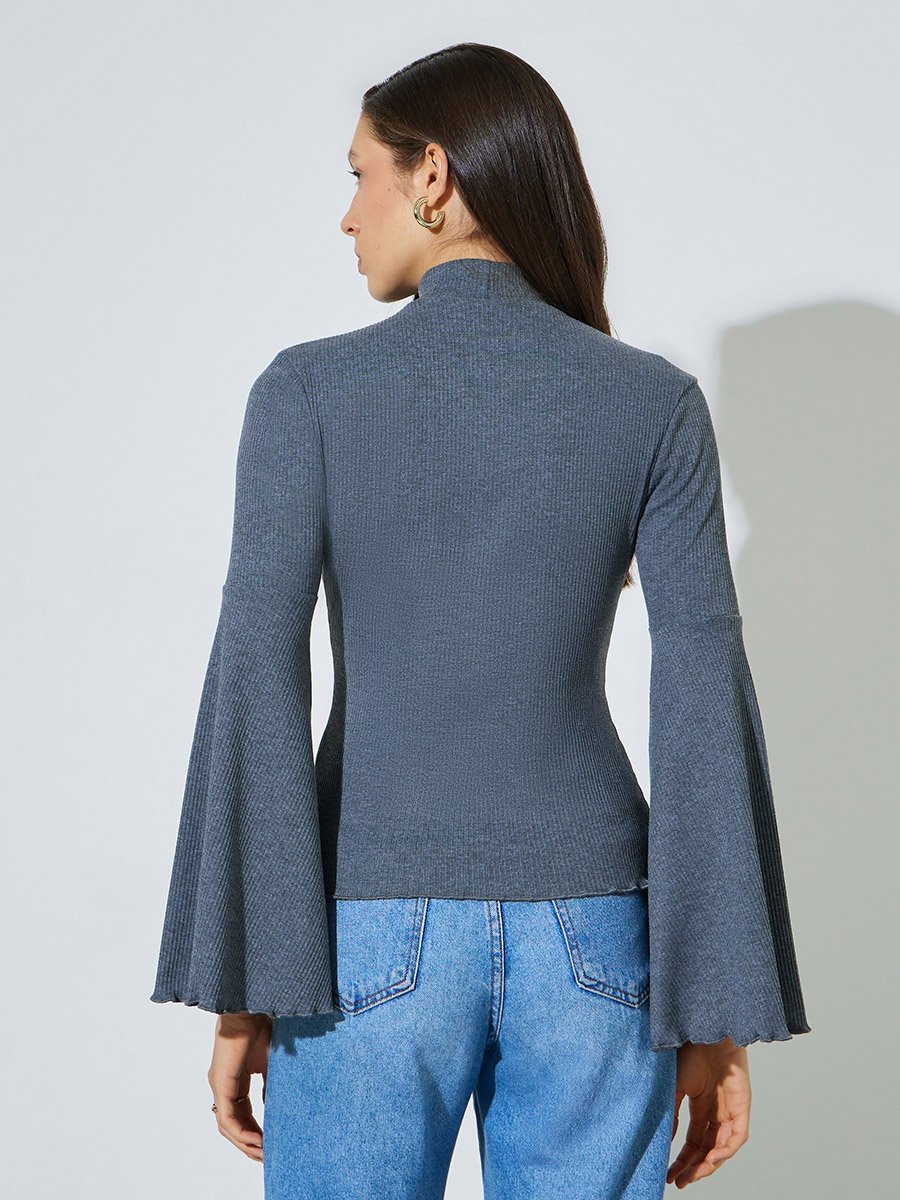 Grey Bell Sleeves Ribbed Knit Top