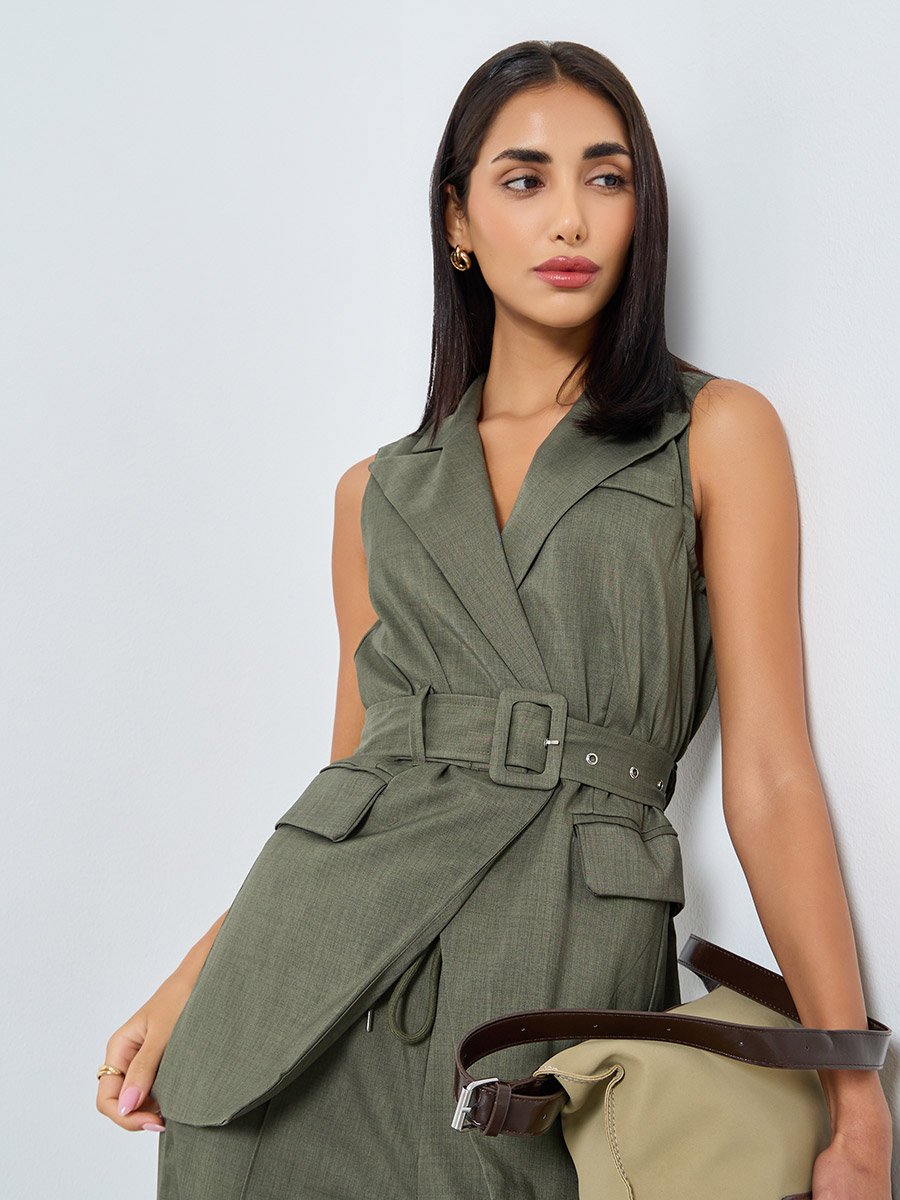 Olive Longline Belted Sleeveless Waistcoat